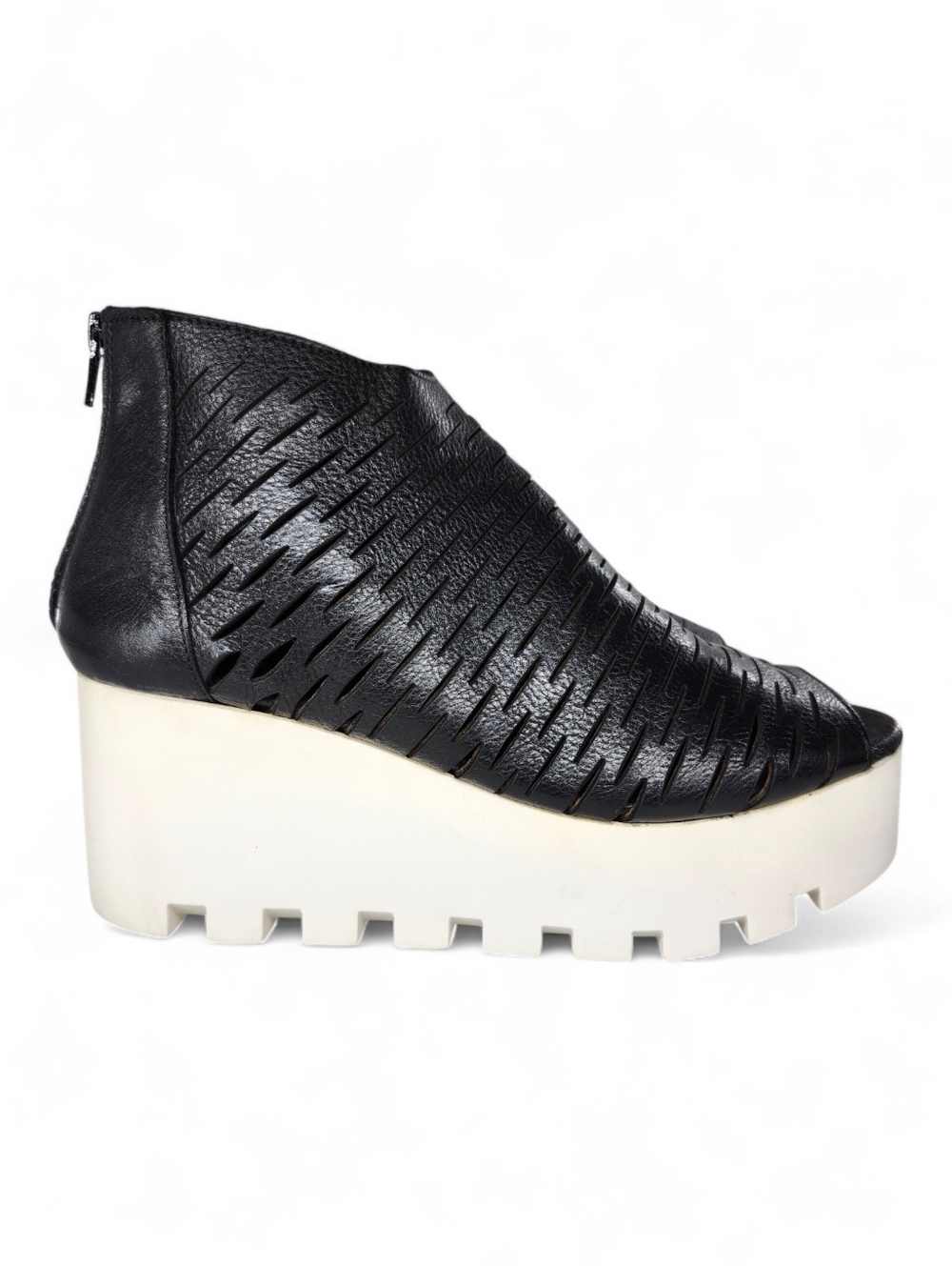 8100 Melrose Black Slit Leather Peep-Toe Ankle Back-Zip Wedge Sandals Italy - Picture 3 of 13
